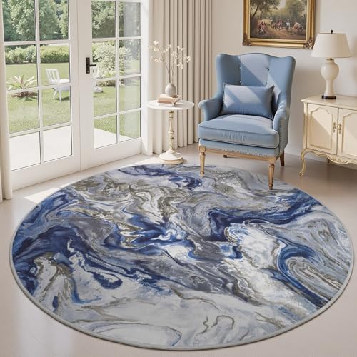 PADOOR 6ft Round Abstract Area Rug, Washable Non-Slip Low Pile, Marble Blue