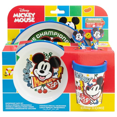 STOR Set de Vaisselle Enfant Mickey Mouse avec Base Antidérapante, Assiette, Bol, Gobelet 260ml et Couverts, Compatible Micro-ondes, Sans BPA