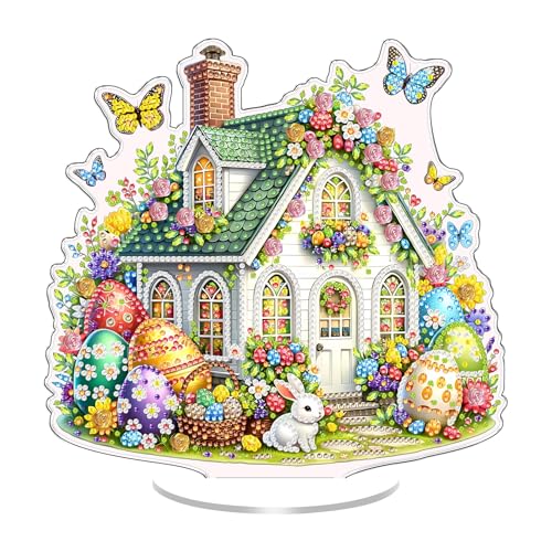Diamond Painting Ostern Tischdeko, Osterdeko Diamont Painting Primavera in Ostereier Haus Form 5D Diamond Painting Ostern Basteln Frühling Deko Diamantfarbe für Ostergeschenke Kinder Erwachsene (A)