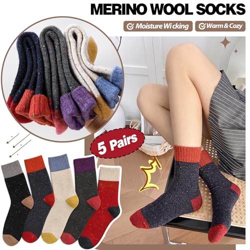 Image of Sandsuced 5 Pack Merino Wool Boot Hiking Socks for Women Warm Winter Thick Thermal Cozy Work Soft Ladies Socks