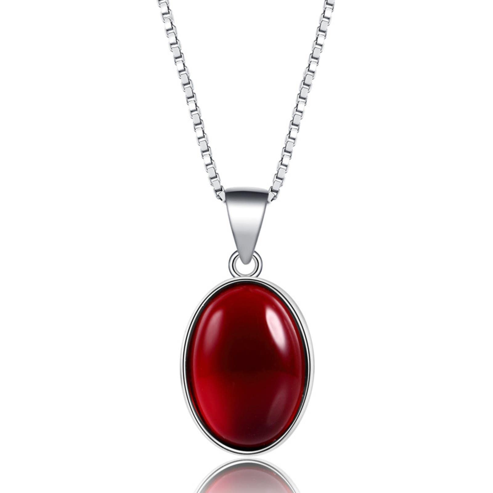 HCMA S925 Sterling Silver Necklace Jewelry for Women Oval Red Crystal Pendant for Wedding Anniversary Party Promise Jewelry Gift