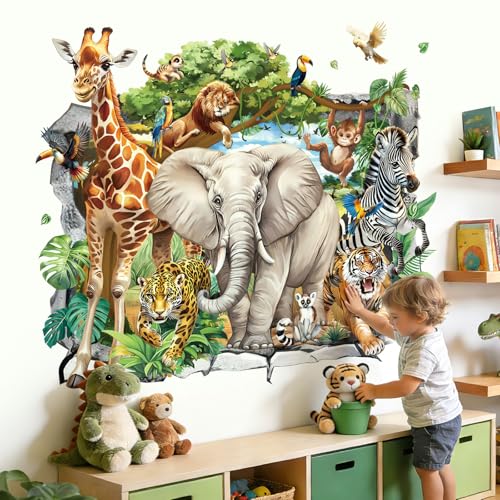 decalmile Stickers Muraux 3D Animaux de la Jungle Autocollant Mural Feuilles Tropicales Animaux Safari Éléphant Girafe Tigre Décoration Murale Bébé...