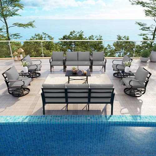 Image of 11 Pieces Patio Conversation Sets, All-Weather Metal Swivel Rocking Chairs with Rope Furniture Set, Outdoor Sofa Couch for Deck, Porch, Garden, Backyard, Poolside (Gray Cushions)