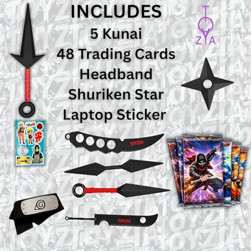 Image of Ninja Kunai Mega Combo Kit - 5 Kunai Knife, Shuriken Star, Headband,48 Trading Card & Sticker, Anime Costume Accessory Set for Kids, LARP & Birthday Gifts