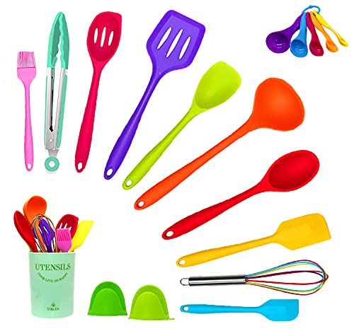 18 pcs Silicone Kitchen Cooking Utensil Set, Non-stick Heat Resistant Cookware, BPA Free Non-Toxic Tools,Turner Tongs Ladle Spoon Whisk, Dishwasher Safe -Colorful by TIBLEN