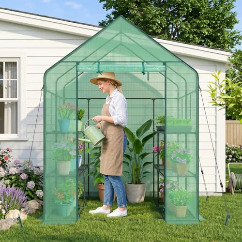 Image of Ohuhu Greenhouse for Outdoors with Screen Windows, 57 x 57 x 76'' Walk in Plant Greenhouses Heavy Duty with Durable PE Cover, 3 Tiers 12 Shelves Stands Plastic Portable Green House with Shelf Clips