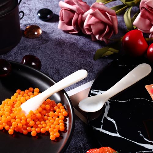 Image of Patelai 2 Pieces Mother of Pearl Caviar Spoons Round Handle, 10cm /3.93 Inch | Handcraft Pearl Spoon for Egg, Ice Cream, Coffee, Elegant Serving in Kitchen and Restaurant, Natural Shell Luster