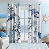 Nautical Coastal Curtains Decorative Beach Ocean Sea Turtle Coral 50% Light Blocking Sea Darkening Grommet Curtain For Villa Living Room, Bedroom Navy Blue and White 2 Panels Set, 52x84 Inches