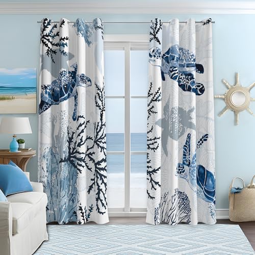 Image of Nautical Coastal Curtains Decorative Beach Ocean Sea Turtle Coral 50% Light Blocking Sea Darkening Grommet Curtain For Villa Living Room, Bedroom Navy Blue and White 2 Panels Set, 52x84 Inches