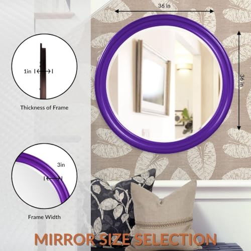 Image of Howard Elliott Collection George Round Glossy Royal Purple Wall Mirror, Bevelled Vintage Hanging Wood Framed Vanity Mirrors for Home Decor, Living Room, Bathroom, Bedroom, or Hallway, 36 Inch Round