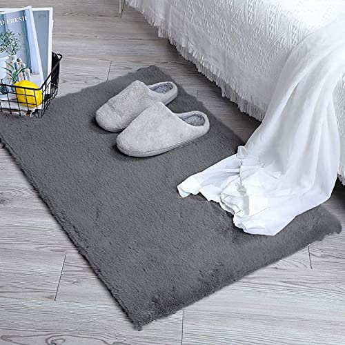 Image of Luxe Home Rabbit Fur Soild Bath Mat Super Soft, Anti-Slip, Washable, Rectangle, for Bathroom Door Mate, Bedroom Door Mats (Grey, 45x75 cm)