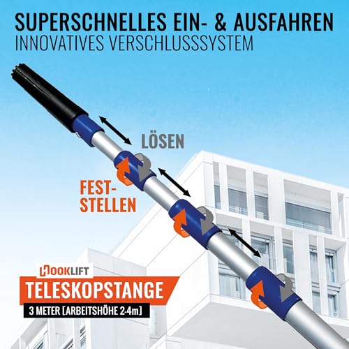 Hooklift – die KÜRZESTE 3m Alu-Teleskopstange mit Adapter, stufenlos von 105 bis 305 cm verstellbar; ideal für das neuartige Magnet-Haken-System viele weitere Werkzeugaufsätze nutzbar