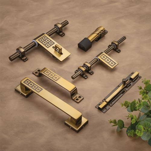 Image of COMPASS Rolex Stainless Steel Heavy Single Door Fitting Accessories Full Set /Kit (1 Aldrop, 1 Latch, 2 Handles, 1 Tower Bolt and 1 Door Stopper | 10 inch | Vintage Finish