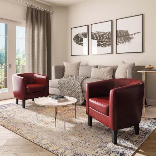 Image of BELLEZE Accent Barrel Chair, Linen Round Chair Club Tub Sofa Corner Chair with Flared Legs and Cozy Soft Padding for Living Room Bedroom Waiting Room - Red