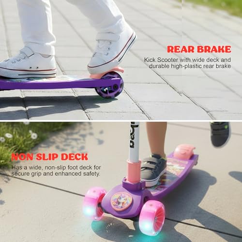 Image of Baybee Kitty Kick Scooter for Kids | Foldable 3 Wheel Kid Scooter with 4 Height Adjustable Handle & Brake | Skate Scooters with LED PU Wheels, Runner Scooters for Kids 3 to 10 Years Boy Girl (Purple)