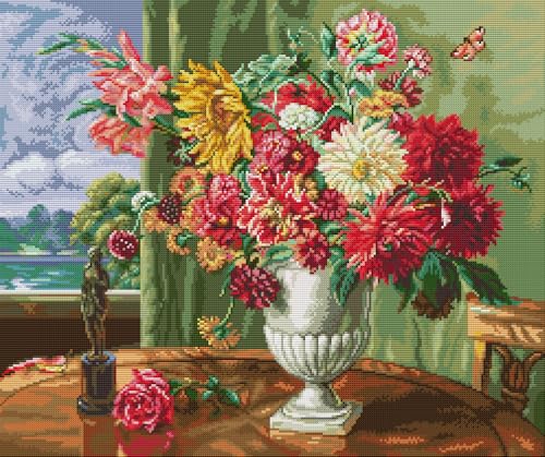 Image of CaptainCrafts Cross Stitch Kits for Adults Counted Unprinted Fabrics Needlework Craft Home Decor (Counted 14CT, Oil Painting Flowers in Front of Window)