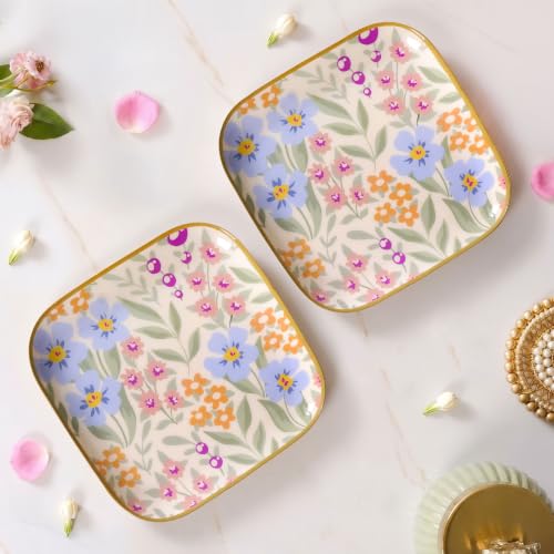 Image of Nestasia Serving Tray Set of 2 with Gift Box - Elegant Floral Print Snacks Plate with Golden Rim for Decoration & Gifting | Food Safe, Rust-Resistant & Premium Finish Platter - Perfect for Home Decor