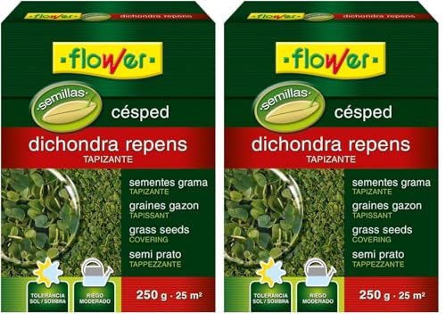 Flower - Semillas Dichondra Repens 250 gr, Resistente al Sol y Sombra, Ideal para 25 m2, Riego Moderado, Bajo Mantenimiento, Turba Rubia, Humus Lombriz, Substrato Ácidas - Tamaño 10.3x3.7x14.5 cm
