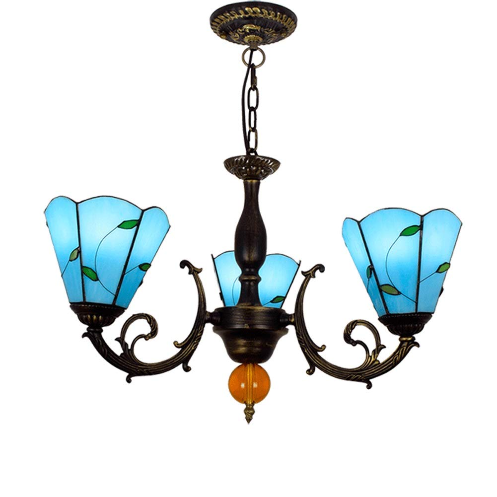 KXEcoLife Ceiling Pendant Light Fixture Tiffany Style Stained Glass Chandelier Mediterranean Sea Blue Green Leaf Lamp Shades 3 Arms Inverted