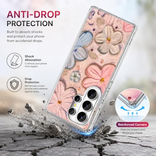 Image of Elzzi Compatible with Samsung S26 Ultra Case Laser Flower Oil Painting Cute Colorful Blue Ray Bumper with Full Camera Protection Shockproof PC+TPU Glossy Shiny Cover for Girls Women, Pink