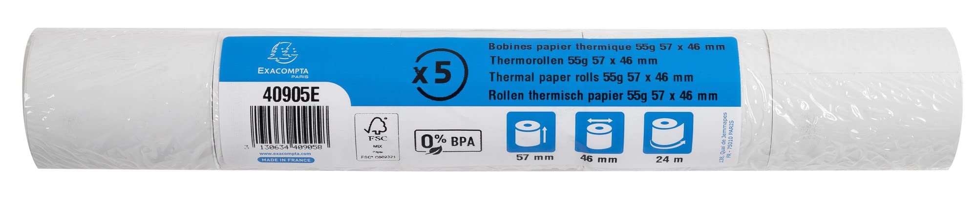 Bobines pour tickets de carte bancaire et terminal de paiement 57x46x12x24 - 1 pli thermique 55g/m