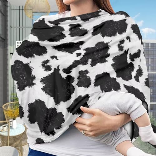 Image of Black Cow Print Infant Carseat Cover Stylish Multi-Purpose Nursing Cover Breastfeeding Scarf Baby Shower Gifts