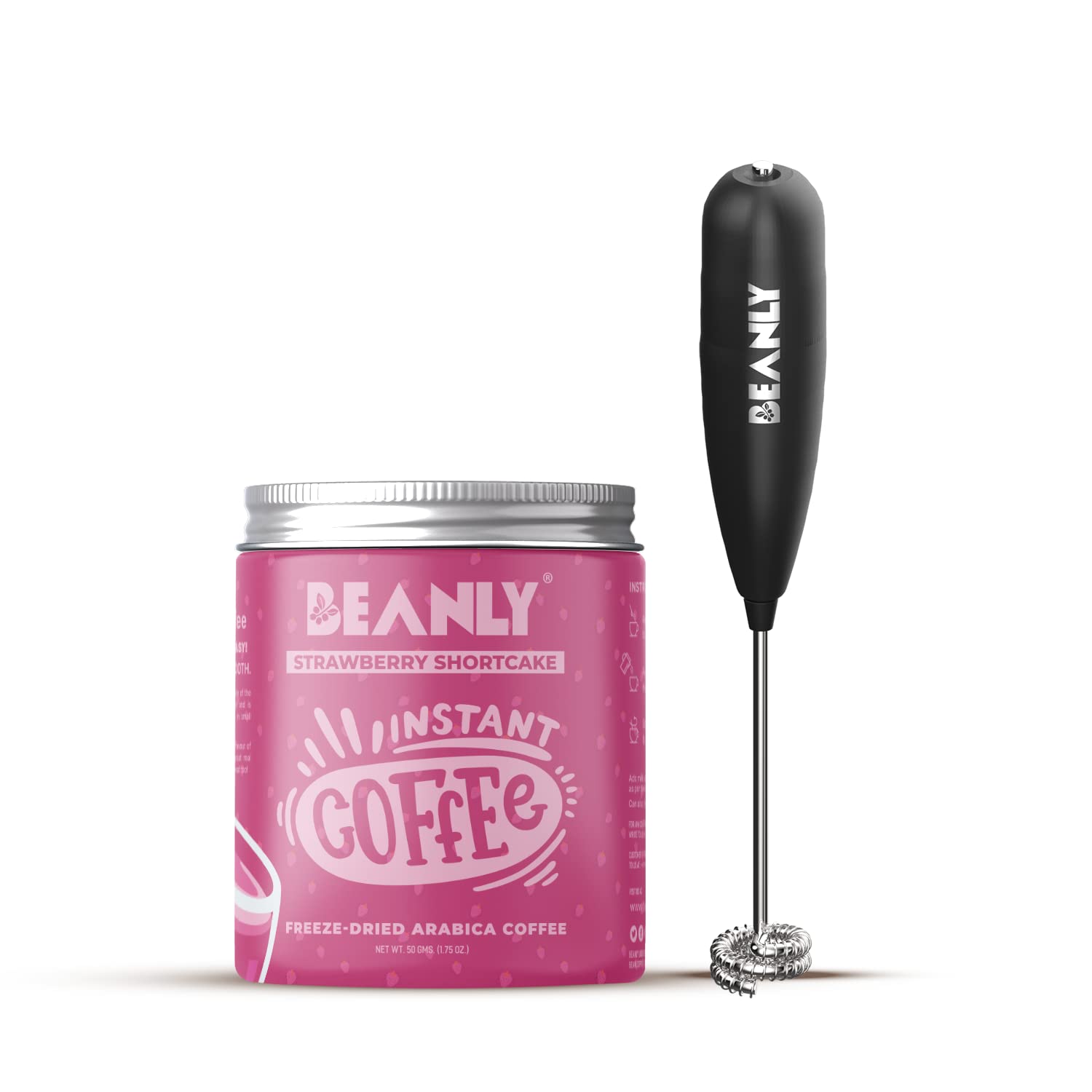 Beanly Instant Strawberry Shortcake Coffee Powder Bottle 50 Gram With Frother | Makes 30 Cups | Freeze Dried Coffee | Espresso, Latte, Cappucino | Hot & Cold Coffee