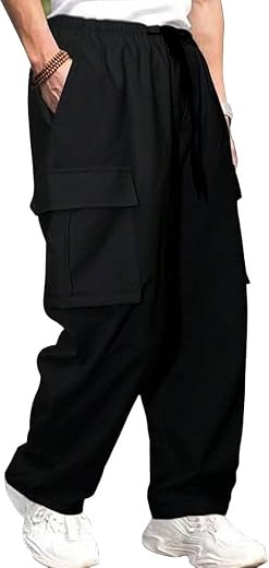 Men's Loose Mid Rise Casual Trousers Pants (A-Blk-PLN_Blk-Mkdi_Loose_Lwr_M_BAZ)
