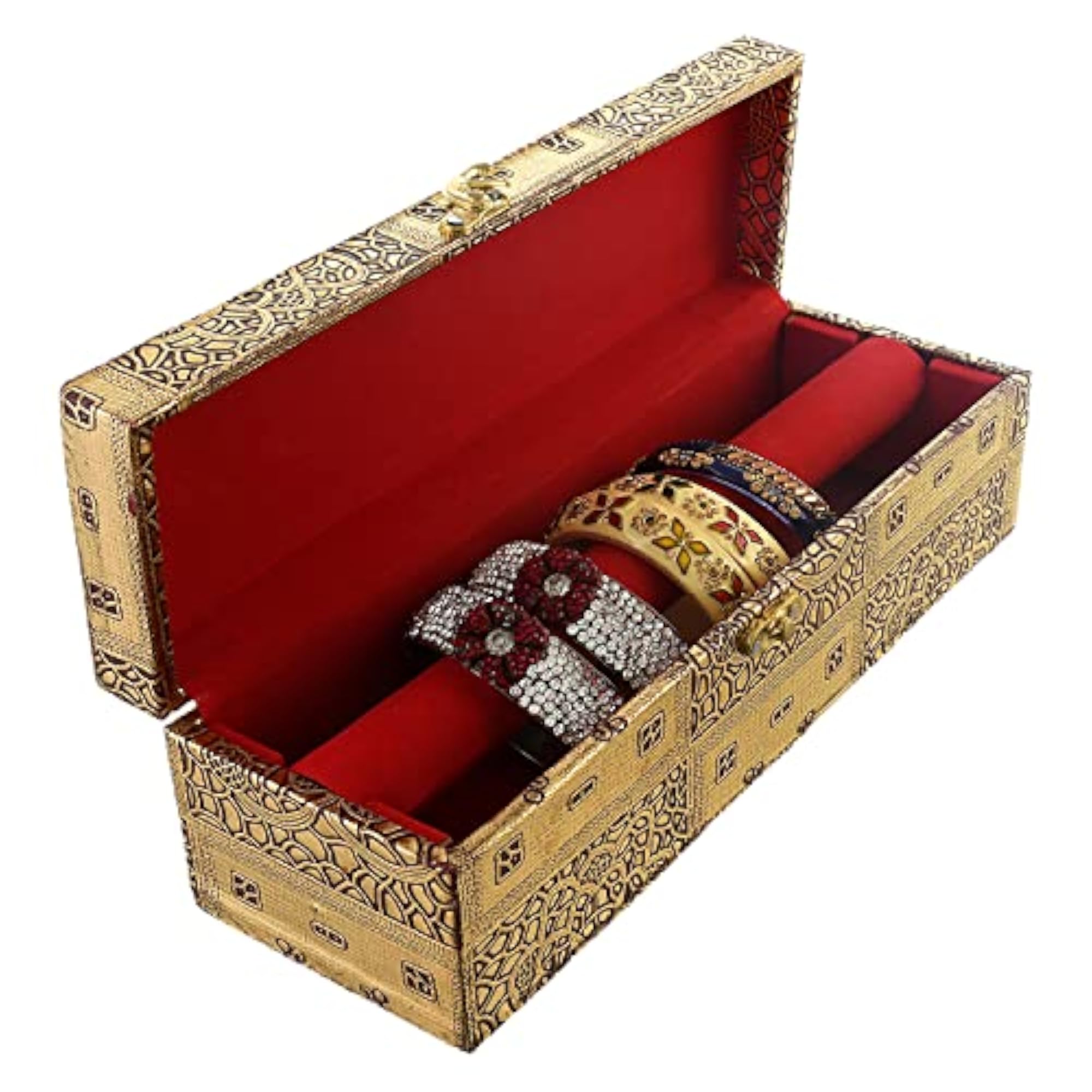 Heart Home Embossed Design Wooden Bangle Box, Gold