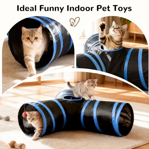 Image of Tempcore Cat Tunnel, 3-Way Collapsible Toy, Large Size Black & Royal Blue | Large Size 3-Way Cat Tunnel Provides More Room for Cats to Run, Hide and Chase, with Peek Holes, Hanging Ball and Teaser Wand