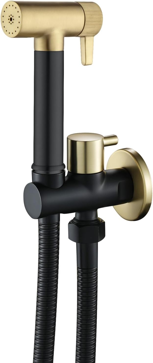 Handheld Bidet Sprayer, Wall Mounted Two Function Douche Spray, Black & Brushed Gold Finish, Circular Brassy Toilet Water Spray, Jet Spray for Toilet with Brass Angle Valve and 1.2m Hose