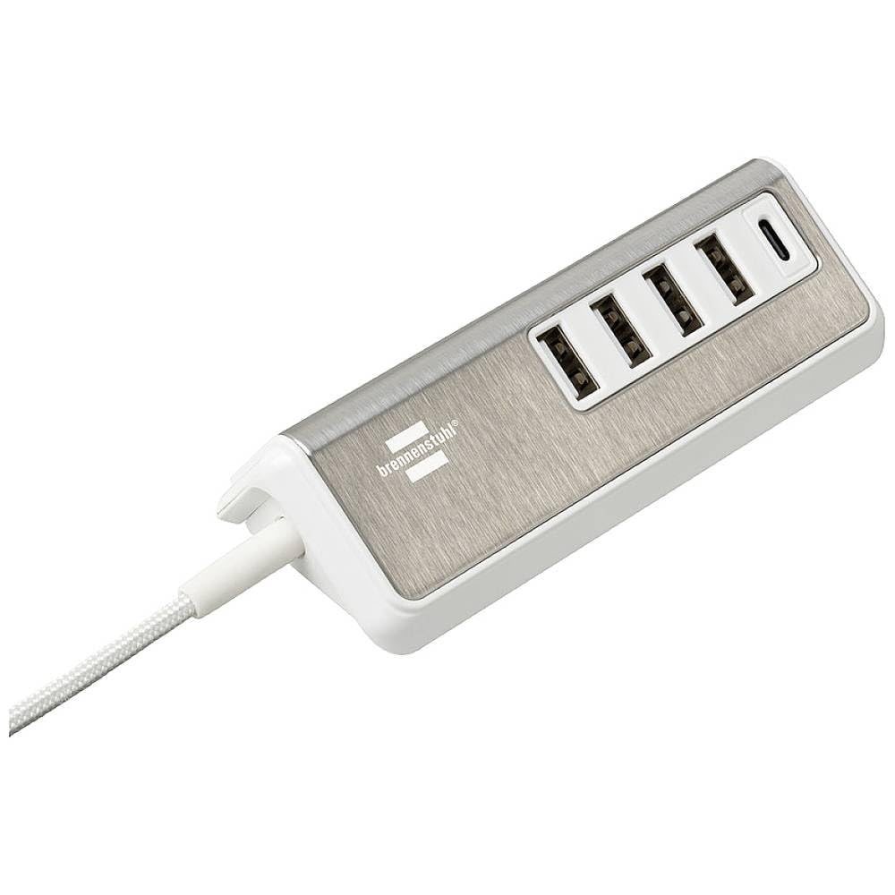Brennenstuhl Cargador USB con función de Carga rápida/Enchufe múltiple USB con Superficie de Acero Inoxidable (1x Toma de Carga USB C Power Delivery 4X Tomas de Carga, Cable Textil de 1,5m)