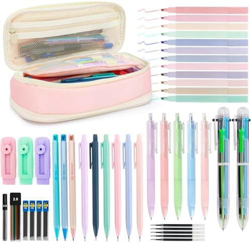 43 PCs Aesthetic School Supplies Kit - Art & Study Set with Pink Pencil Case, 0.5/0.7/2.0mm Mechanical Pencils, 6-Color Ballpoint Pens & Black Ink Gel Pens &12 Pastel Highlighters
