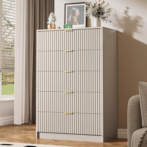 Image of MAISONARIA 5 Drawer Dresser for Bedroom, Tall Dresser Chest of Drawers with Gold Handles, 32 Inch Wide Nightstand with for Bedroom, Living Rooms, Offices, and Entryways, Beige