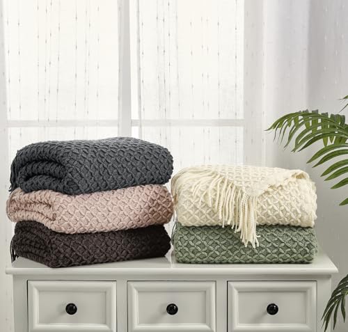 Image of CREVENT Farmhouse Boho Knitted Throw Blanket for Couch Sofa Chair Bed Home Decoration, Soft Warm Cozy Light Weight for Spring Summer Fall (50''X60'' Dark Grey)