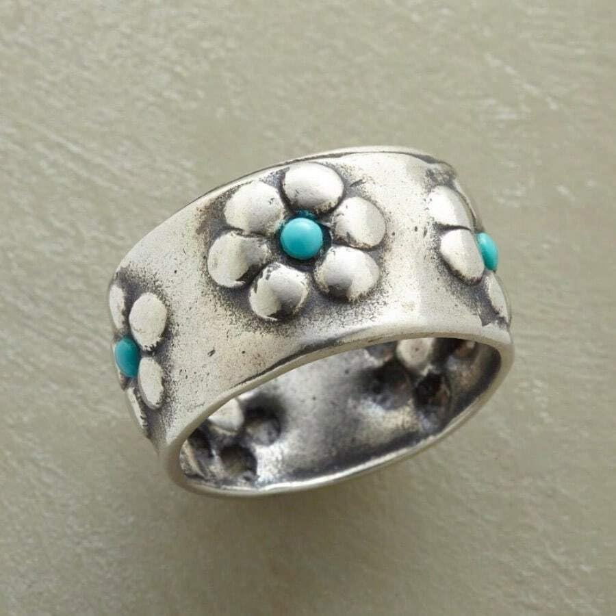 Chunky Silver Ring For Wemen, Retro Flower Turquoise Elegant Daily Wear Mood Elden Hammered Ring Jewelry Promise For Couples Gift4