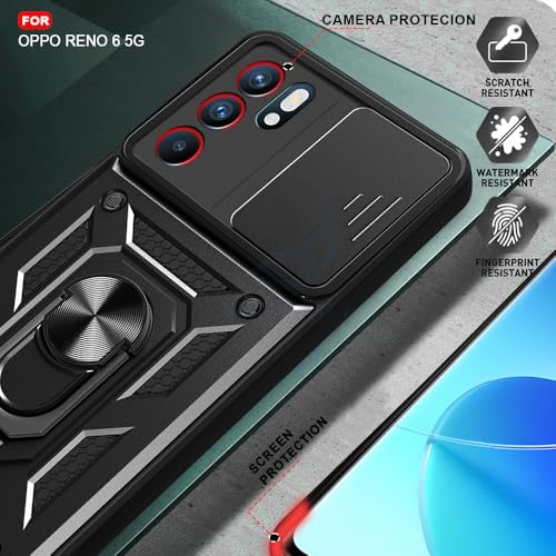 Image of AESTMO Tough Armor Oppo Reno 6 5G Bumper Back Case Cover | Ring Holder & Sliding Camera Shield Cover | 360 Degree Protection Back Case Cover for Oppo Reno 6 5G (Black)