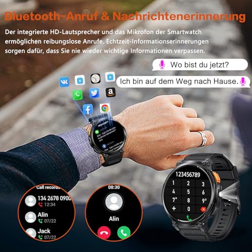 Smartwatch Herren, 1.85''HD Großbildschirm Smartwatch mit LED-Taschenlampe, Telefonfunktion/730mAh/IP68 Wasserdicht, 120+ Sportmodi Fitness Watch mit Herzfrequenz, Schlafmonitor für Android iOS – Bild 5