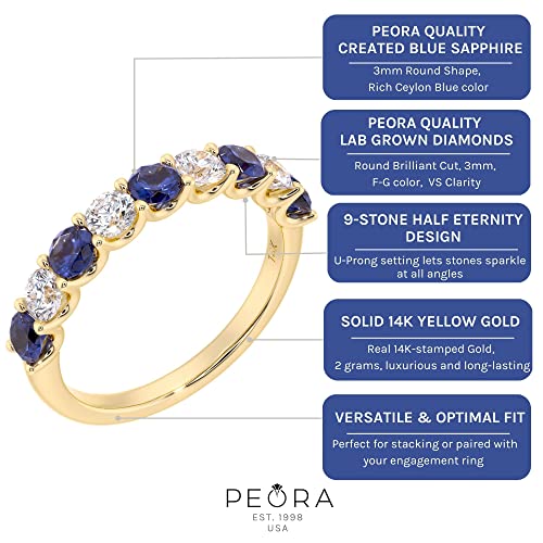 PEORA Solid 14K Gold 1 Carat Lab Grown Diamond and Created Blue Sapphire 9-Stone Half Eternity Band for Women, Wedding Anniversary Stackable Ring, Sizes 4 to 10 5