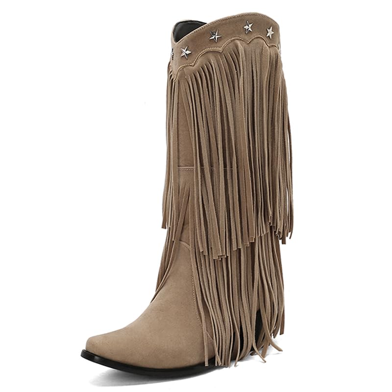 Alsoloveu Fringe Boots Women Mid Calf Cowboy Western Boots with Tassel Snip Toe Cowgirl Booties