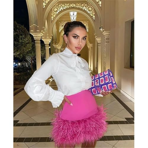 QA-89 Women's Pink Hip Wrapped Skirt with Real Ostrich Feather Hair Spliced Slim Fit Short Mini Skirts2