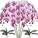 HinyoCo 5 Pcs Artificial Orchid Flowers and 2 Bundles Leaves,Artificial Phalaenopsis Flowers 32 Inch Stem Plants for Home Wedding Decoration (White Flower Purple Core)