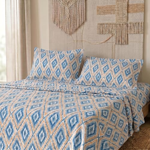 Image of LANE LINEN Symphony | 100% Cotton Sheet Set | Soft & Breathable Fabric | 3 Piece (1 Bedsheet + 2 Pillow Covers) | Double Bed Sheet Set - Linear Blue Horizon