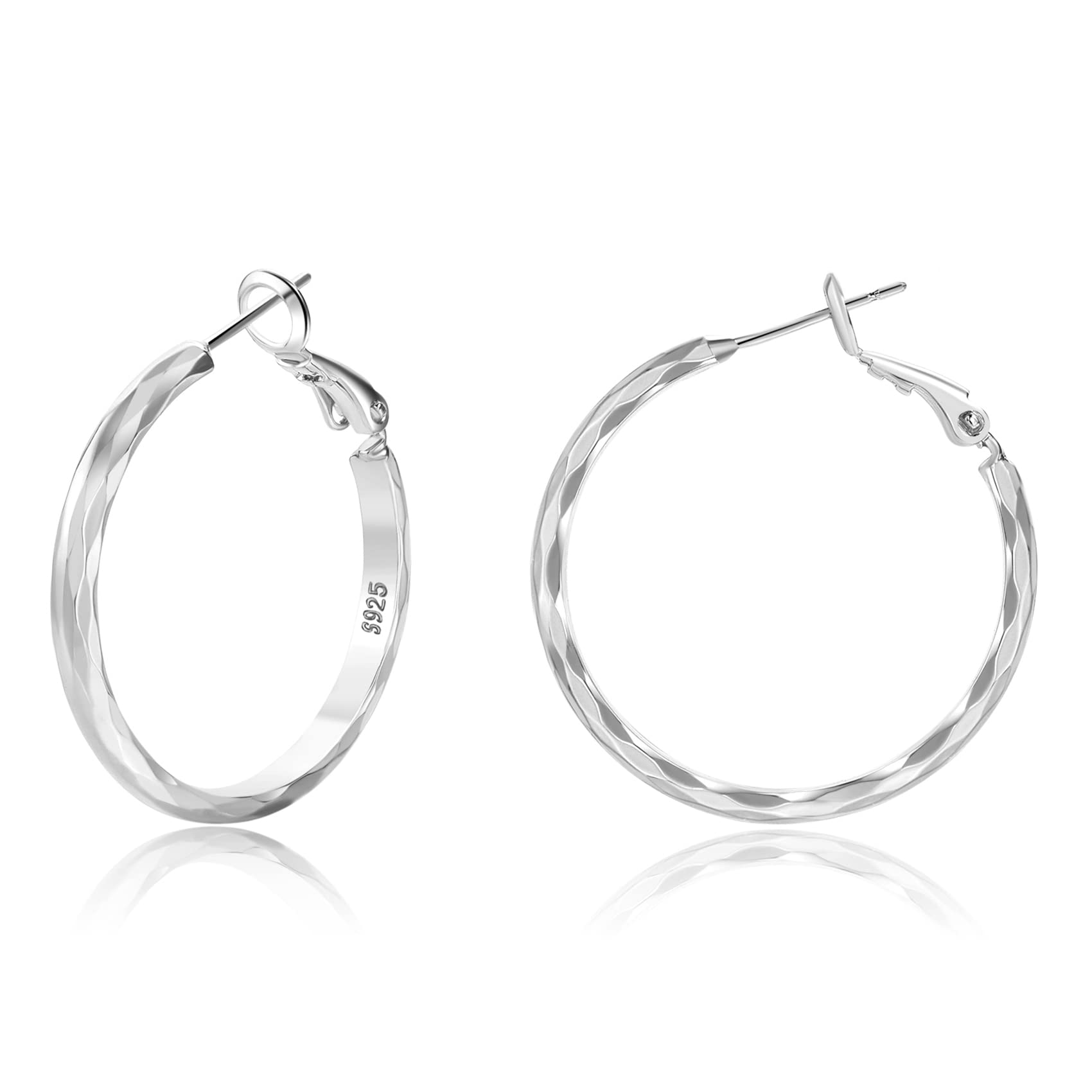 Sterling Silver Hoop Earrings - Diamond-Cut Circle Hoops, Hypoallergenic, 3mm Thin, Oversize 20/30/40/50/60mm