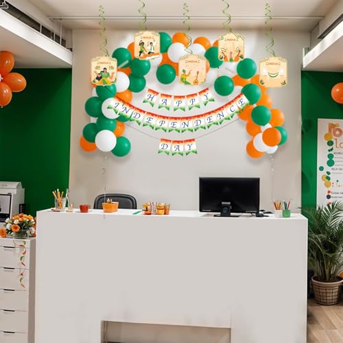 Image of Party Propz Happy Independence Day Decoration Items - 56 Pcs, 2 in 1 Happy Independence Day Banner & Republic Day Reversible Banner, Swirl Hanging, Tricolour Balloons (Latex, Cardstock)