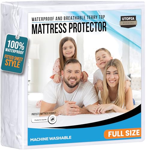 Full Size Mattress Protector Waterproof, Premium 200 GSM Terry Mattress Cover, Soft & Breathable Bed Cover, Fitted Sheet Style Stretchable Deep Pockets 15' by Utopia Bedding (White)
