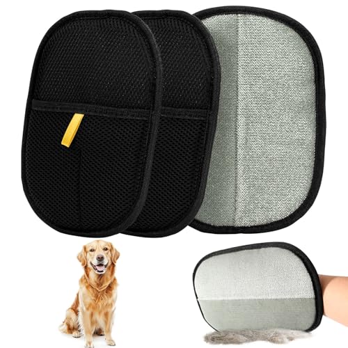 3 Stück Pet Hair Remover Katzenhandschuh, Doppelseitige Fellhandschuhe Katze Pet Grooming Gloves, Fellpflegehandschuh Katze, Tierhaarentferner für...