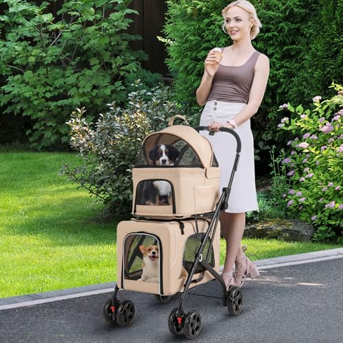 COSTWAY 3 in 1 Hundewagen, Hundebuggy 2 Etagen mit Netzfenstern & Taschen & Polstern, Oxford & Metall, Haustiere Buggy bis 16 kg, Hundebox Transporttasche klappbar, für Hunde Katzen Haustiere (Beige)