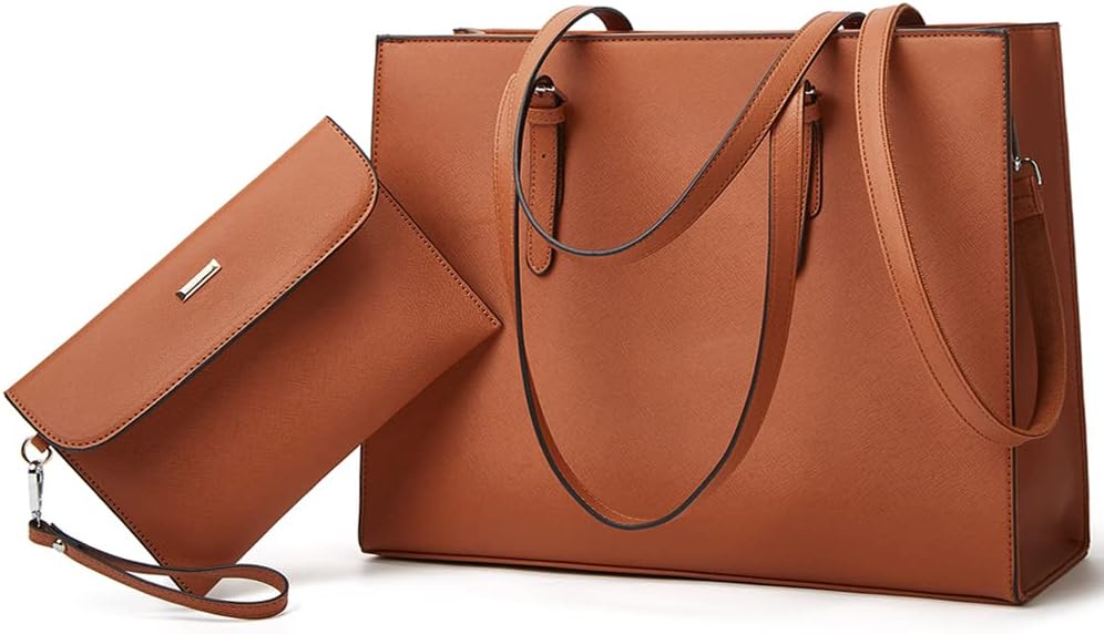 YTLLaptop Bag for Women 15.6 inch Laptop Tote Bag Leather Classy Computer Briefcase for Work Waterproof Handbag 2pcs Set, Brown-a, Large