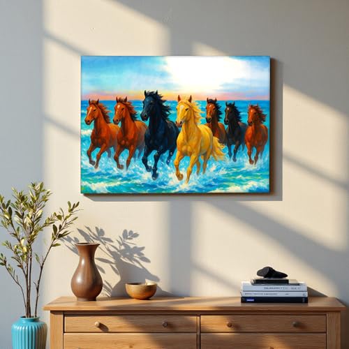 Image of 7 Running Horses Vastu Stretched Canvas Painting For Living Room Blue Seven Horses Vastu Wall Art Painting Symbol of Success, Growth & Positive Energy Wall Art for Home & Office, 12x16 Inch